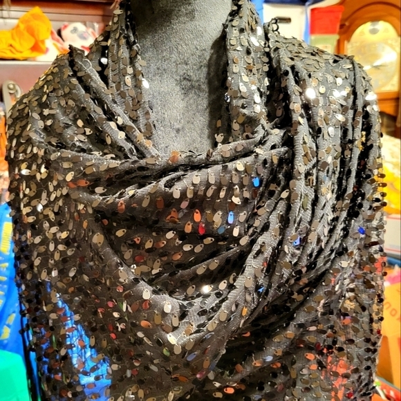 Large Black Sequins Scraf 72" long and 9" fridge  width 25" - Picture 6 of 11